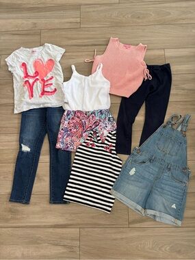 Girls size 10 bundle jeans, romper, overalls, and tops
